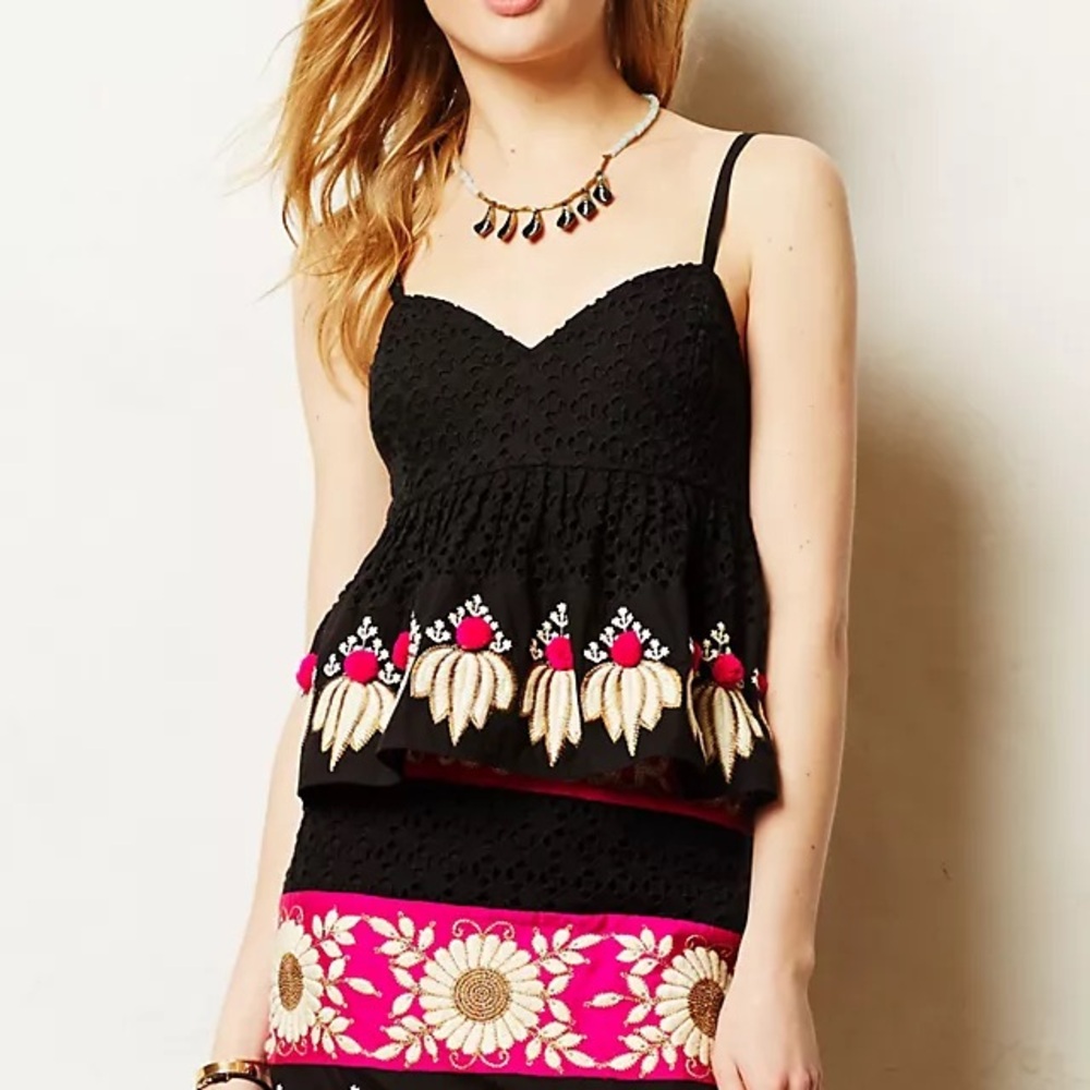 Leifsdottir Black Pink Lace Top 8 M Embroidered Tank Anthropologie cropped y2K